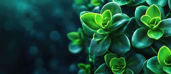 Poster - Green Kalanchoe leaves on a dark blurred backdrop Copy space Wide banner format Kalanchoe blossfeldiana