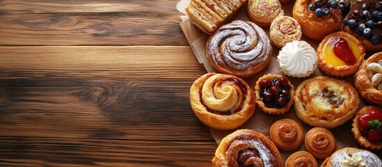 Poster - A variety of pastries and sweets on a wooden table Celebration treats. with copy space image. Place for adding text or design