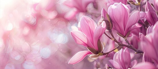 Poster - pink magnolia blossoms in spring magnolia flowering springtime plants in Uzhgorod nature rejuvenating large pink blooms close up of magnolia petals copy space