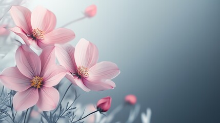 Wall Mural - Delicate pink flowers bloom against a soft gradient background in a tranquil setting during early morning light