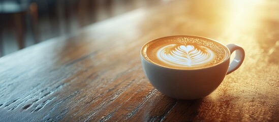 Aufkleber - Close up of latte art in hot coffee on a wooden table. with copy space image. Place for adding text or design
