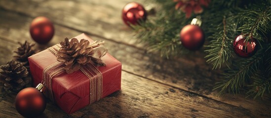 Poster - Image of Christmas decorations featuring a small gift box on a wooden table with copy space in a vintage style