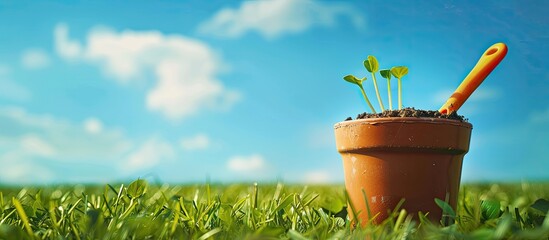 Aufkleber - An empty flowerpot and a blue shovel resting in fresh green grass under a bright blue sky in the garden spring potting hobby concept background colorful copy space
