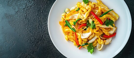 Stir fried fish maw served on a clean white plate as Chinese restaurant cuisine featuring ingredients such as bean sprouts red peppers green coriander and scrambled eggs combined with yellow fish maw