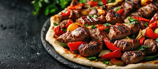 Aufkleber - Close up view of delicious grilled meat with vegetables on Georgian pita Shashlik or barbecue meat served on pita Shish kebab a dish from traditional Georgian cuisine Copy space for design Dark backg