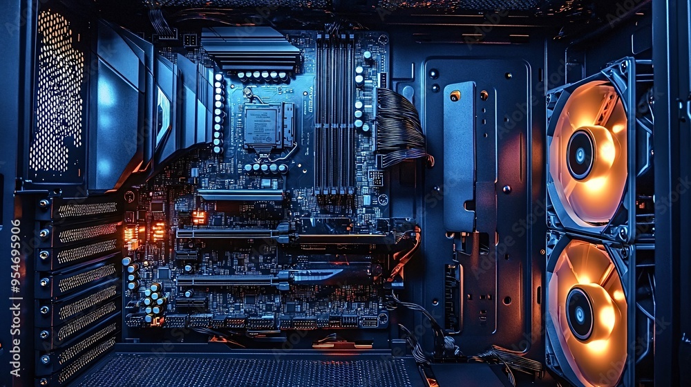 View inside a desktop personal computer with the cover off, showing ...