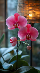 Poster - Two pink orchids with green leaves and a wicker lamp in the background.