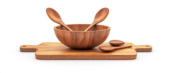 Fototapete - Wooden utensils including a bowl and spoons placed on a cutting board against a white background. with copy space image. Place for adding text or design