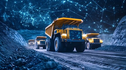 Poster - a photograph showcasing a fleet of mining trucks enhanced with iot technology for real time tracking