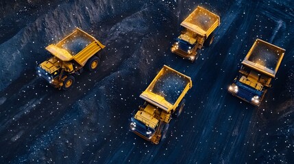 Poster - photograph of an ai enhanced mining truck fleet equipped with iot technology for real time tracking 