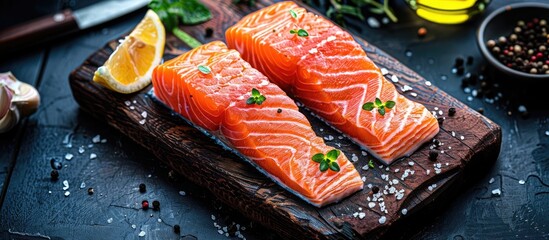 Aufkleber - Raw salmon steaks on a white cutting board with a knife set against a kitchen table background with ingredients top view Concept of healthy eating and cooking clean or diet food
