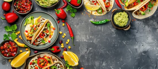 Poster - Assortment of Mexican dishes and snacks on a light gray background Concept of world cuisines Top view flat lay copyspace