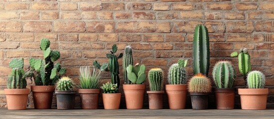 Poster - Collection of cactus plants on vintage wood and brick wall background texture still life natural three. with copy space image. Place for adding text or design