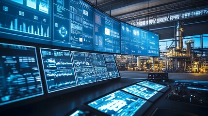 Innovative IoT powered smart oil refinery control room featuring real time data screens analytics and automation for efficient energy production and