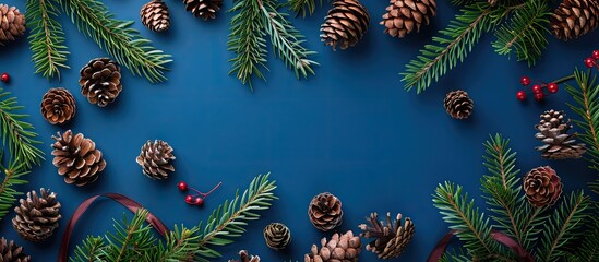 Poster - Creative flat lay of a square arrangement featuring red Christmas decorations and fir cones on a blue background top view with copy space Composition for a Christmas pattern Concept for New Year and X