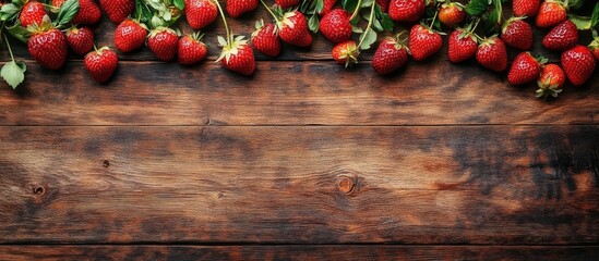 Wall Mural - Fresh garden strawberries on a weathered wooden backdrop top view copy space