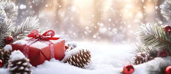 Poster - Christmas gifts and snow covered cones with blank space for text. with copy space image. Place for adding text or design