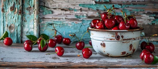 ripe cherry fruits in a vintage enamel iron jar placed on a white wooden table. with copy space image. Place for adding text or design