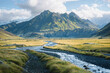 © ADDICTIVE STOCK - Majestic mountain landscape with flowing river. Generative AI image