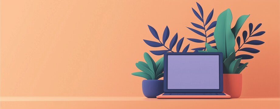 Simple Illustration Backdrop: Laptop with Tropical Plants on Peach Background.