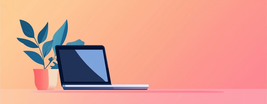Simple Illustration Backdrop: Minimalist Laptop with Plant on Gradient Background.