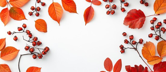 Fototapete - Autumn arrangement Design featuring leaves and rowan on a white backdrop Autumn fall Thanksgiving Day theme Flat lay top view copyspace