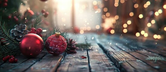Poster - Christmas Decor on Wooden Surface. with copy space image. Place for adding text or design