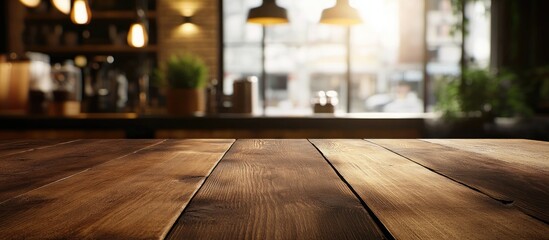 Selected focus on an empty brown wooden table with a blurred coffee shop background featuring a bokeh effect ideal for product display montage. with copy space image. Place for adding text or design