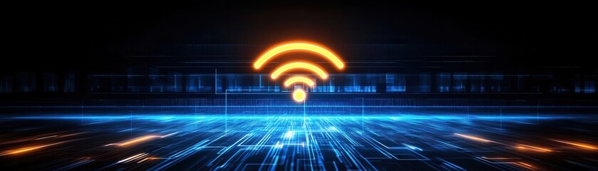 Dynamic wireless symbol with luminous lines, representing connectivity and modern technology in a digital environment.