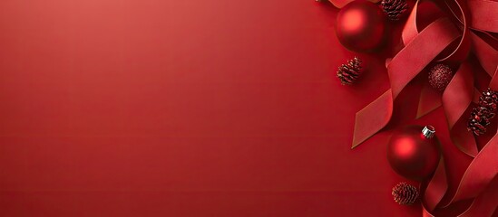 Poster - New year greeting backdrop featuring red ribbons and ornaments. with copy space image. Place for adding text or design