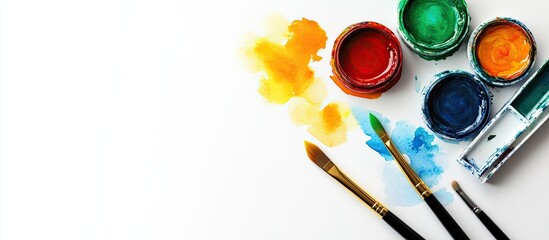 Poster - Watercolor and paintbrush on a white background Flat lay top view. with copy space image. Place for adding text or design