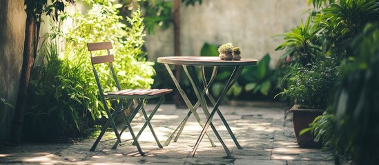 Poster - Empty table and chair on the patio in the garden Vintage Light Filter. with copy space image. Place for adding text or design