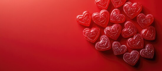 Heart shaped candies with messages for Valentine s Day on a red background for flat lay copy space