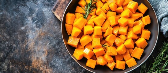 Fototapete - Blurred diced butternut squash in a saute pan with cream from a top view. with copy space image. Place for adding text or design