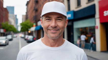 Wall Mural - Man wearing white t-shirt and white baseball cap standing on the street