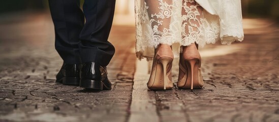 Aufkleber - Close up of a faceless couple a bride and groom The bride holds onto the heel of his shoes. with copy space image. Place for adding text or design