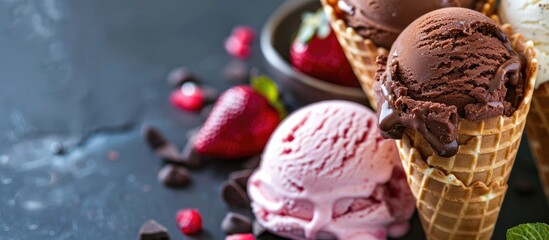 Poster - A selection of ice cream scoops in cones featuring chocolate vanilla and strawberry flavors. with copy space image. Place for adding text or design