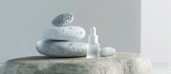 Poster - Glass bottles on stones against a pastel background Cosmetic container mockup with space for text The idea of natural cosmetics for skincare. with copy space image. Place for adding text or design