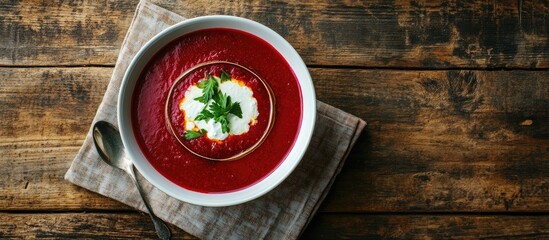 Poster - Ukrainian beetroot soup borscht placed on a napkin on a wooden surface. with copy space image. Place for adding text or design