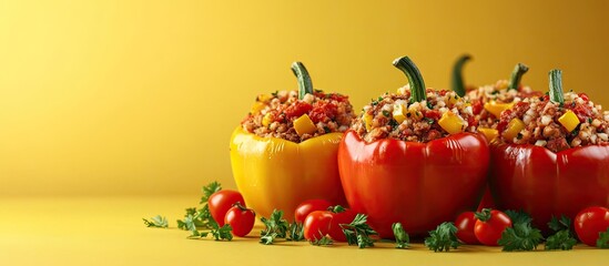 Poster - Stuffed Peppers filled with Meat Vegetables and Creamy Tomato Sauce against a Bright Background. with copy space image. Place for adding text or design
