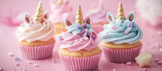 Poster - Several adorable sweet unicorn cupcakes on a pink background. with copy space image. Place for adding text or design