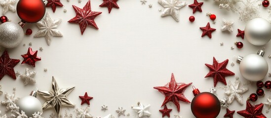 Poster - Modern Christmas card featuring stars and ornaments on a light background Top view with copy space