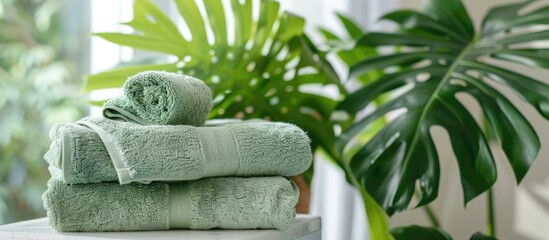 Poster - Stack of clean towels alongside a plant on the washing machine in the laundry room. with copy space image. Place for adding text or design