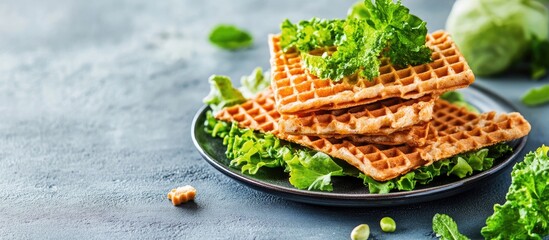 Poster - Tasty breakfast delicious Vienna Wafer with fresh green vegetables and salad leaves. with copy space image. Place for adding text or design