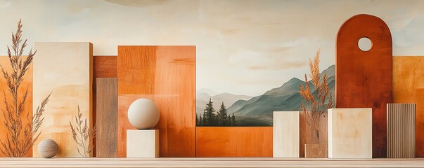 Leinwandbilder - Generate an abstract collage blending the peaceful forest meadow aesthetic with geometric room shapes, using medium wood brown and earthy, inviting colors
