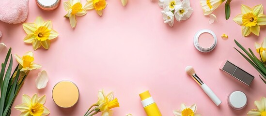 Poster - Blank card with a frame of various cosmetics and daffodils on a pink background. with copy space image. Place for adding text or design