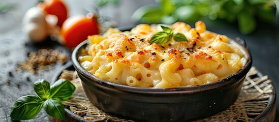 Poster - Mac and cheese is a classic American macaroni casserole in a creamy sauce A top view on a dark stone table. with copy space image. Place for adding text or design