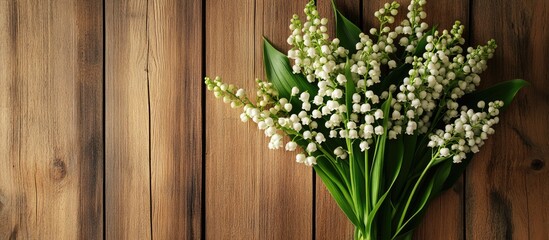 Aufkleber - bouquet of lilies of the valley in a frame against a wooden background. with copy space image. place