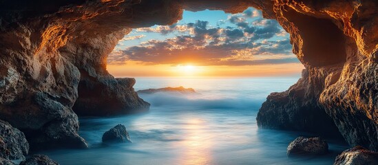 Poster - Coastal cave arch views showcase a stunning full color sunrise over the ocean A long exposure produces a magical effect of the waves moving around the rocks. with copy space image