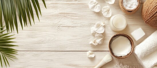 Poster - Coconut spa products on a light wooden surface. with copy space image. Place for adding text or design